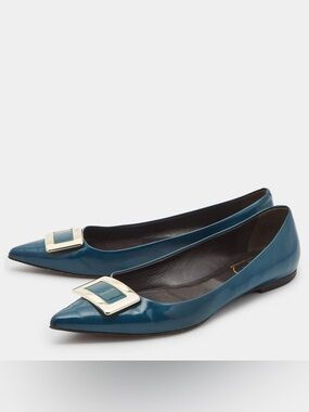 Roger Vivier Belle Vivier Patent Leather Buckle Flats EU 38.5 Teal Blue
